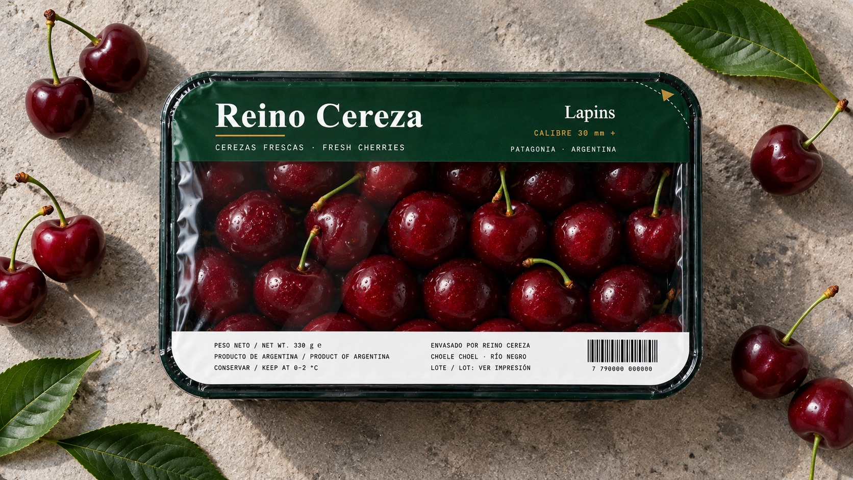 Bandeja Reino Cereza vista desde arriba, rodeada de cerezas y hojas